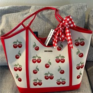 Steve Madden Cherry Embroidered Summer Tote Bag - Red and Cream. NWT.